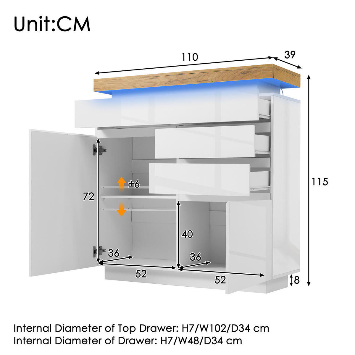 KOMMODE, Hochglanz, 3 Schubladen & 2 Türen, LED-App-Steuerung, 110x39x115 cm, Weiß - Weiß, Holzwerkstoff (39/115/110cm) - Modfu