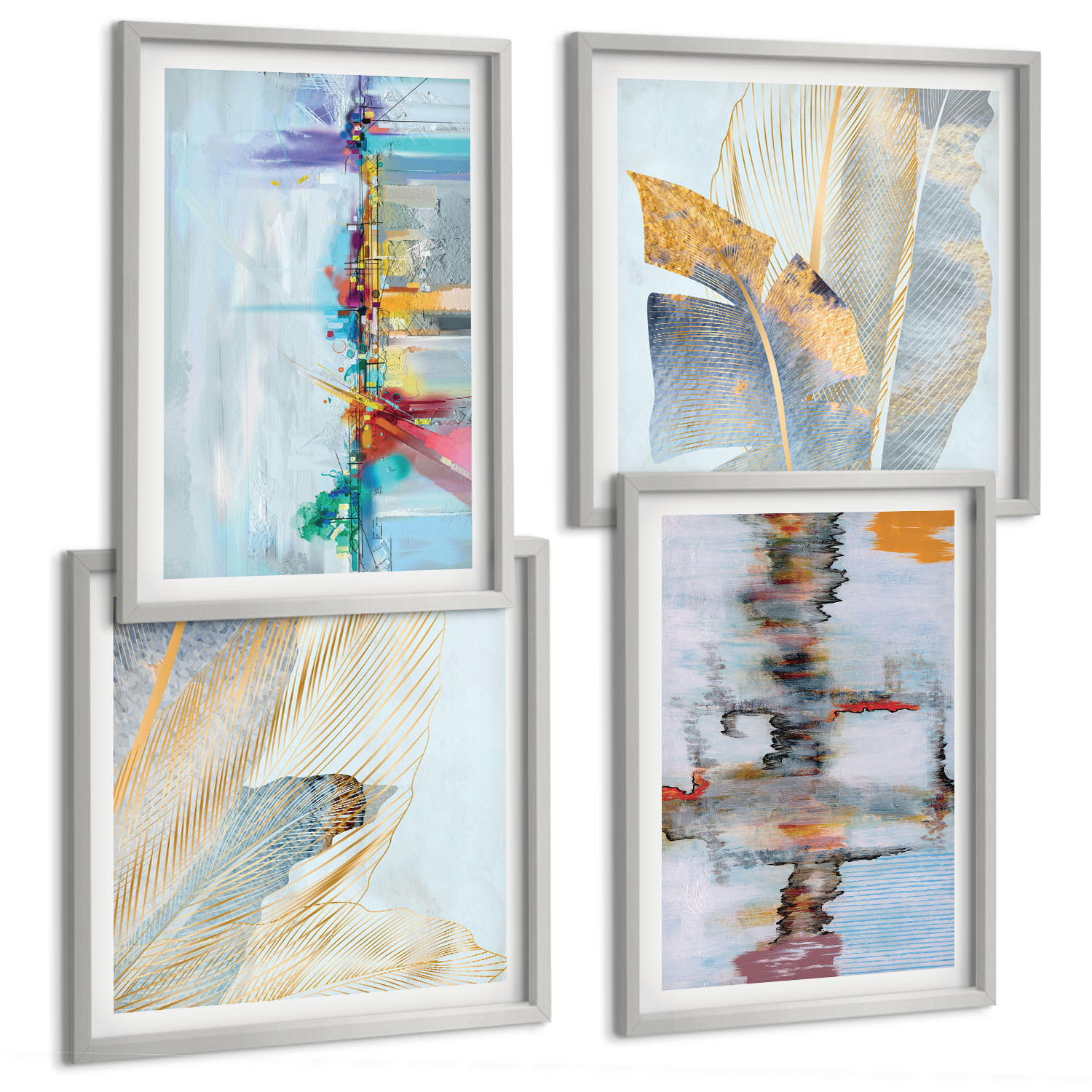 BILDER SET 4er Set - 50x50 cm & 40x60 cm Silberner Rahmen - Abstrakte Gemäldekompositionen - Silberfarben, Kunststoff (50/50cm) - TULUP