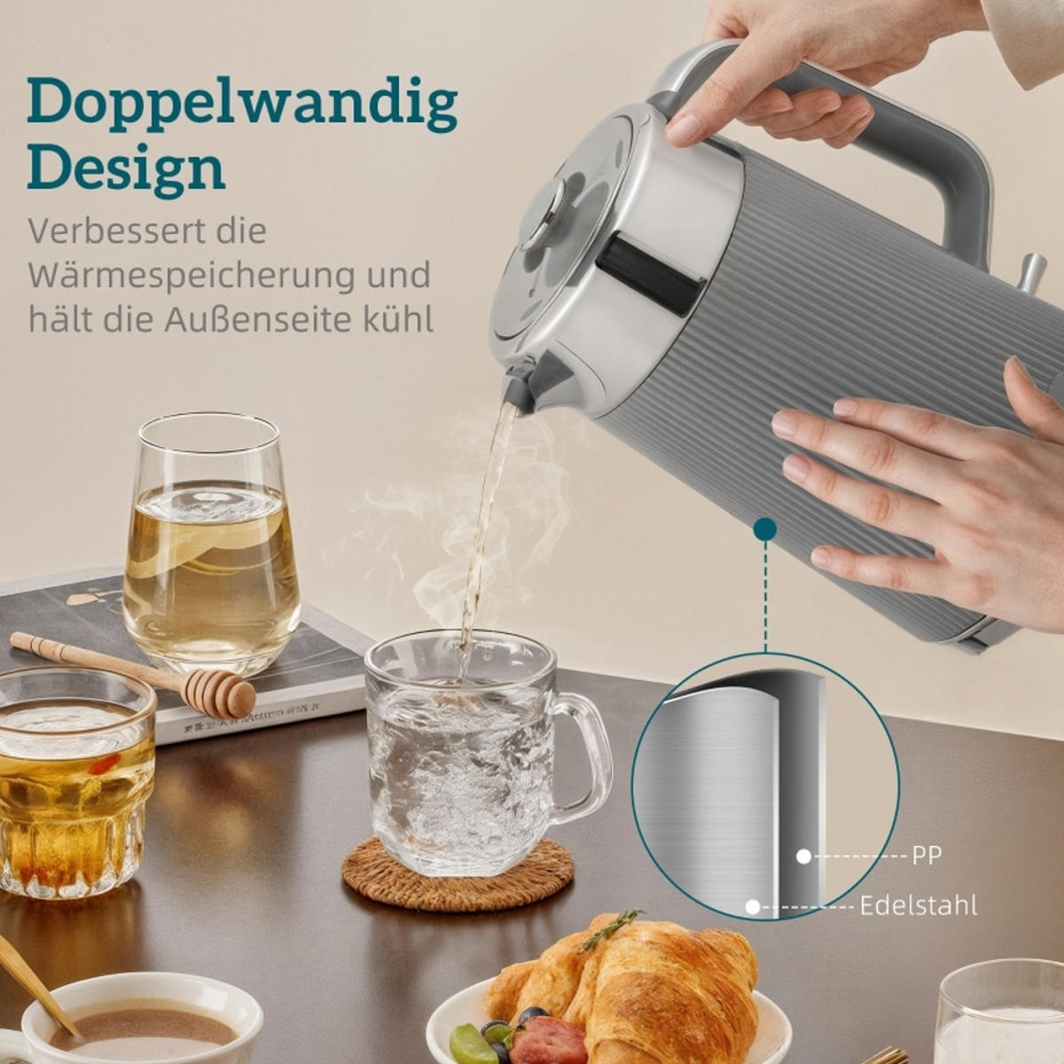 WASSERKOCHER-TOASTER Set und 4 Scheiben Toaster, Grau, 21,2/15,5/25,5 cm - Grau, Kunststoff (15.5/25.5/21.2cm) - Rolipo