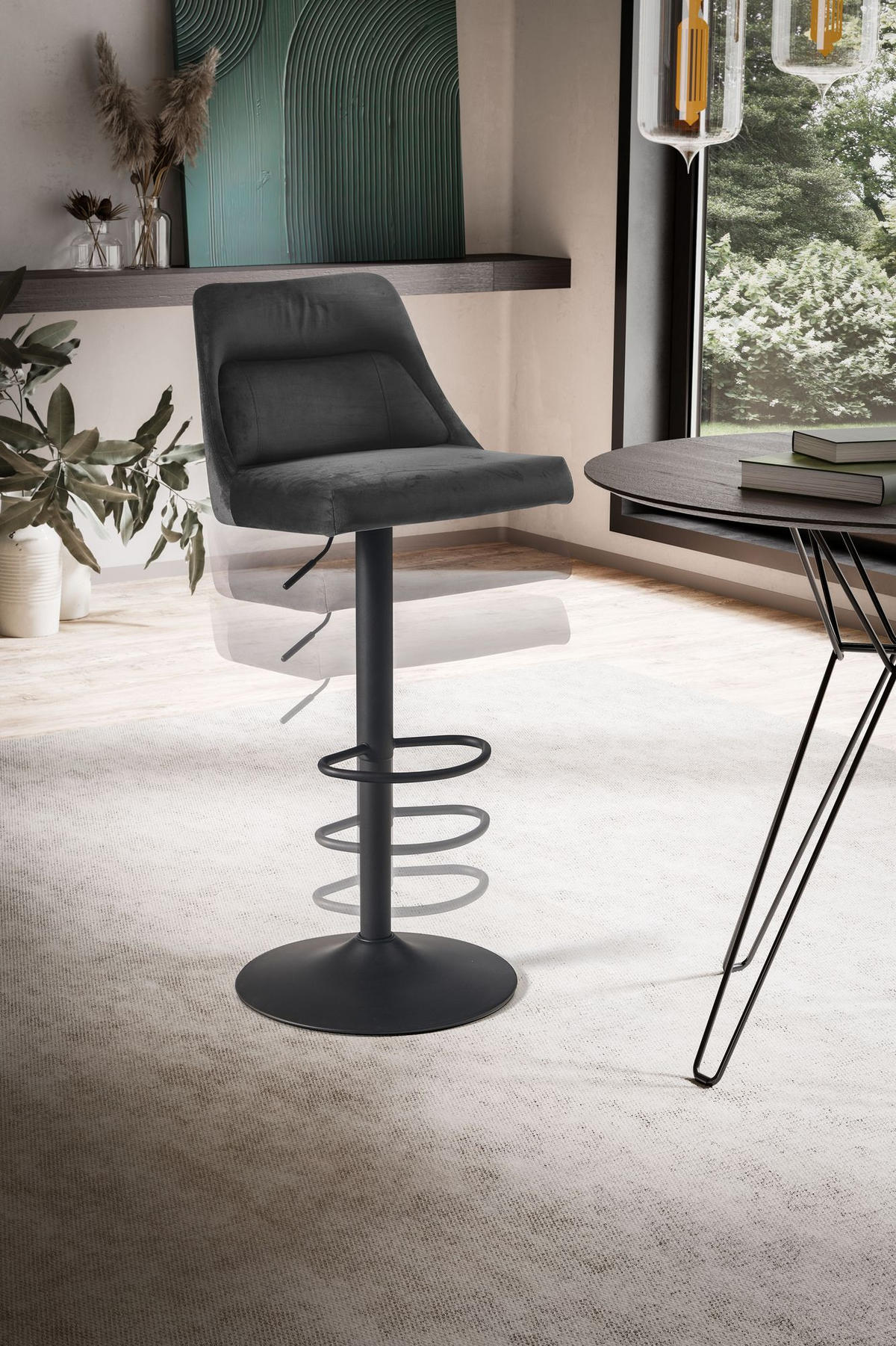 BARHOCKER Samt Lehne Höhenverstellbar Trompetenfuß Gepolstert, Grau 45x51x106 cm - Schwarz/Grau, Textil/Metall (45/106/51cm) - KADIMA DESIGN