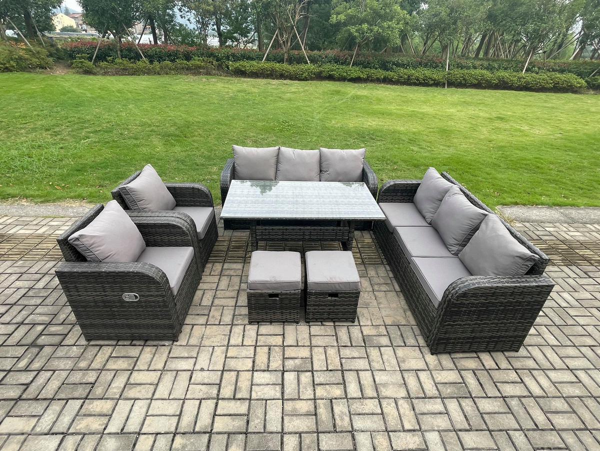 GARTENGARNITUR mit Liegestuhl,3-Sitzer Sofa,Zweisitzer Polyrattan Dunkelgrau 10-Sitzer - Dunkelgrau/Grau, Glas/Kunststoff - Fimous