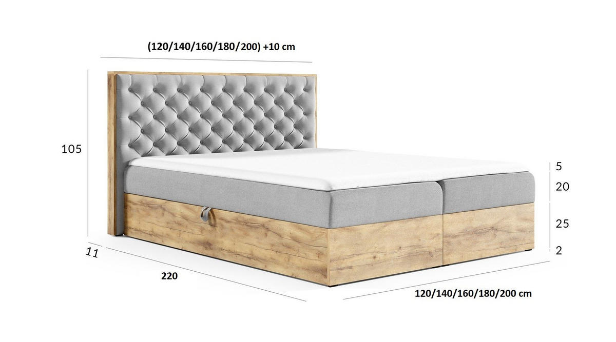 BOXBETT Diona überlänge Faro - Grau, Holzwerkstoff/Textil (160/220cm) - Fun Möbel
