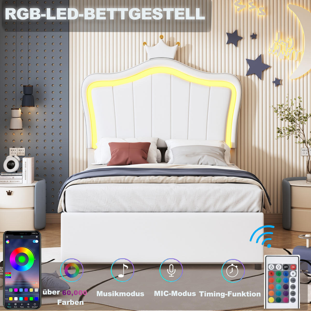 POLSTERBETT 90x200 cm Weiß mit Kronendesign LED Stauraum - Weiß, Holzwerkstoff - FLIEKS