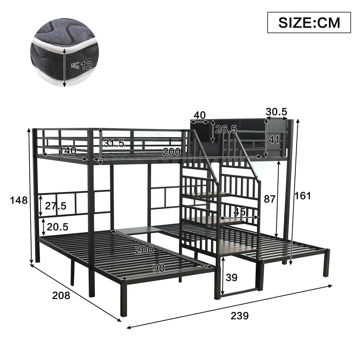 PATROVÁ postel 90/200 a 140/200 cm černá z kovu a dřeva s úložným prostorem a schody s madly - černá, kov (90/200cm) - OKWISH