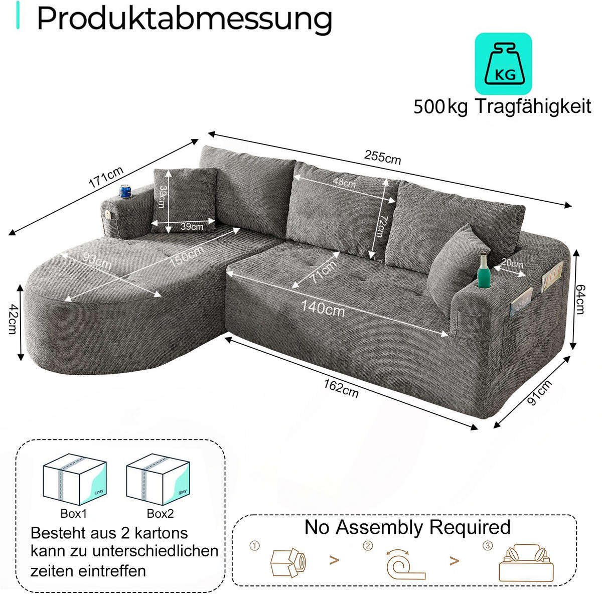ECKSOFA DE-35043 L-Form mit Becherhalter Grau - Grau, Textil (170/255cm) - ComfortXL