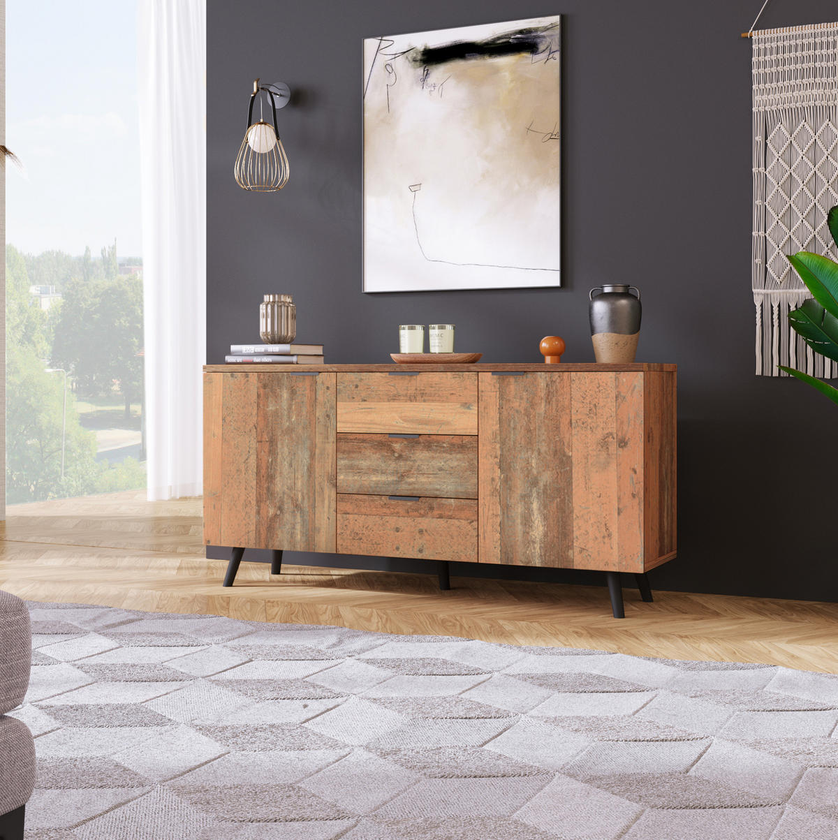 SIDEBOARD 140/35/70 cm in Antikbraun mit 3 Schubladen und verstellbaren Einlegeböden - Dunkelbraun, Holzwerkstoff (140/70/35cm) - Flora Grace
