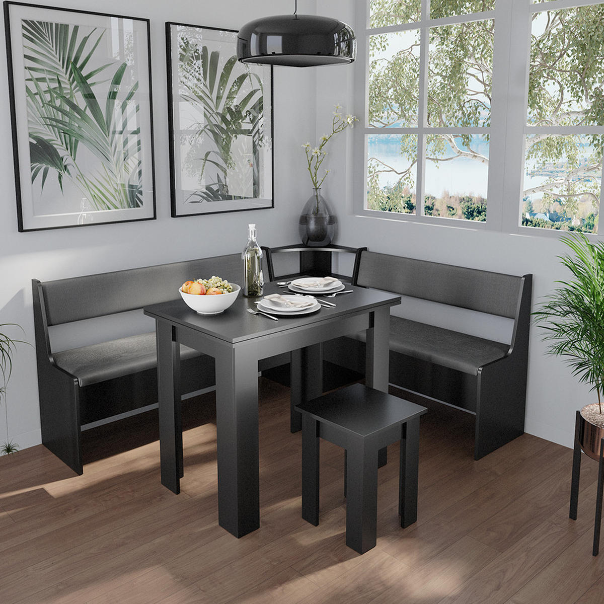 ECKBANKGRUPPE Roman Schwarz 150 x 41.5 cm mit Tisch - Schwarz/Sonoma Eiche, Holzwerkstoff (180/80/150cm) - Vicco