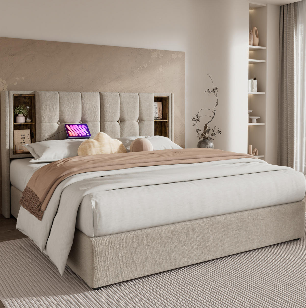 POLSTERBETT 140/200 cm Natürlich aus Leinen mit kabellosem Laden und Stauraum - Naturfarben, Textil (140/200cm) - OKMYHOME