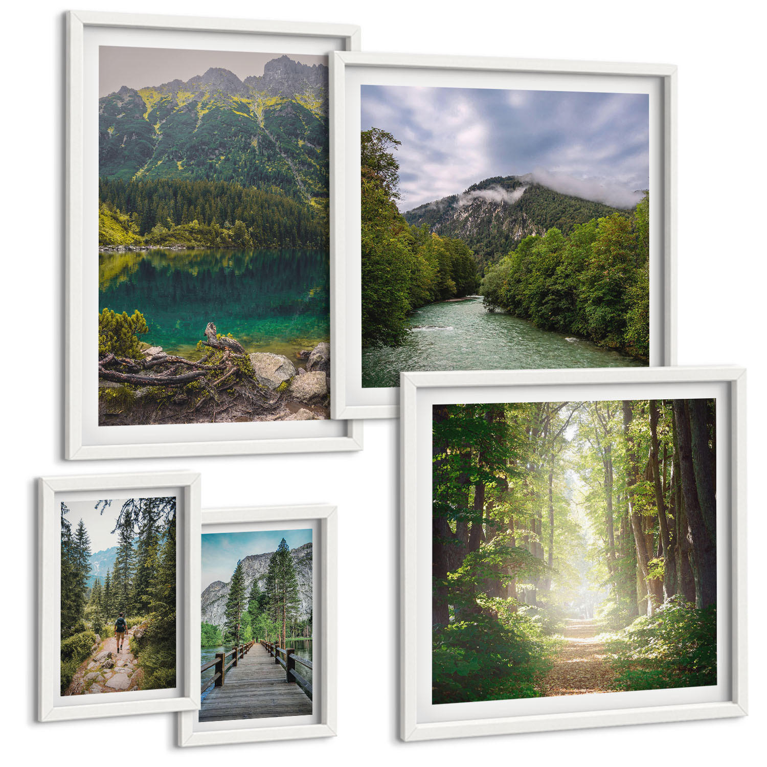 BILDER SET 5er Set - 50x50 cm & 20x30 cm & 40x60 cm Weißer Rahmen - Straße Wald Berge Hirsch Natur - Weiß, Kunststoff (40/60cm) - TULUP