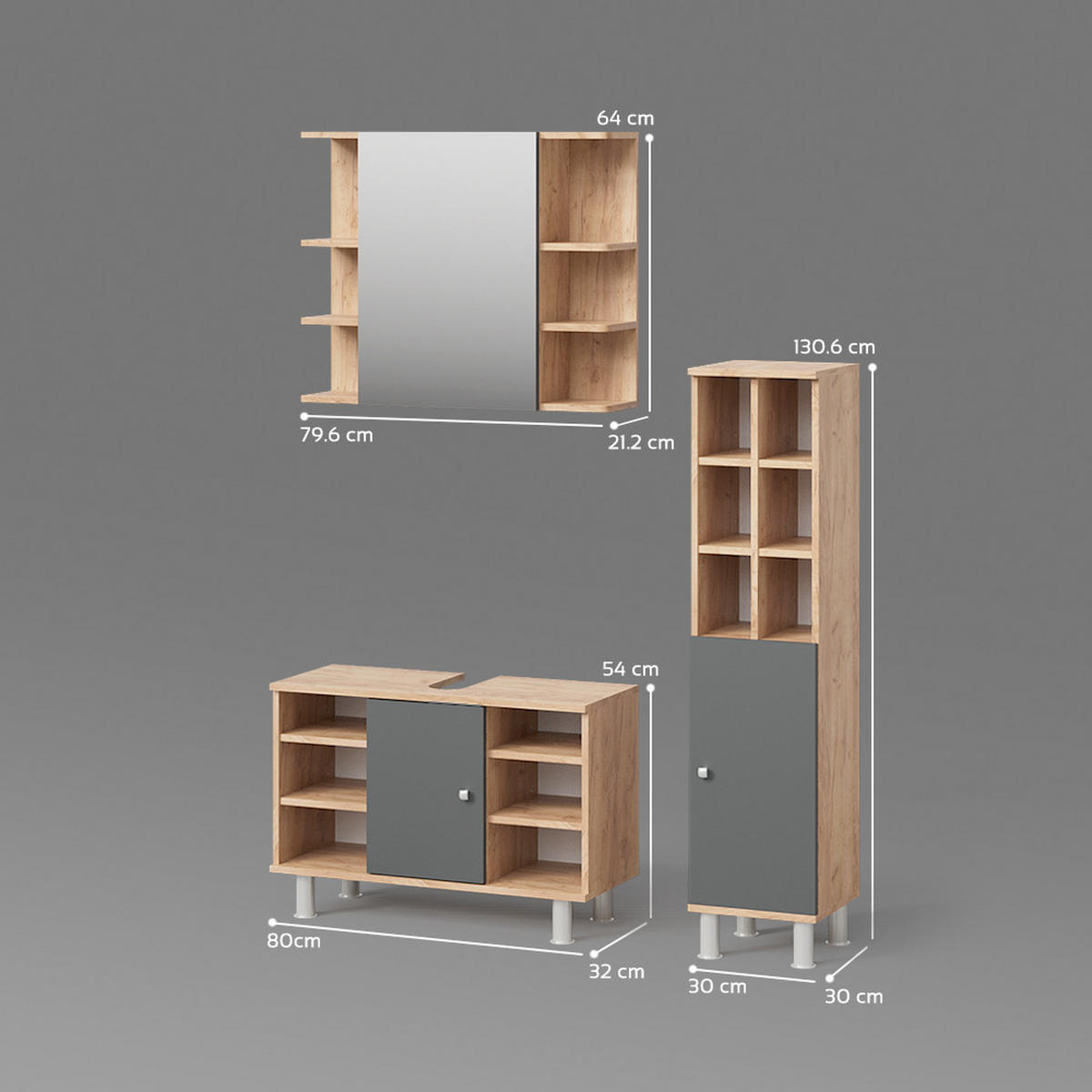 BADMÖBEL-SET Fucino Eiche 3 Teile, mit Midischrank Tür groß - Eichefarben/Braun, Holzwerkstoff (80/54/32cm) - Livinity®