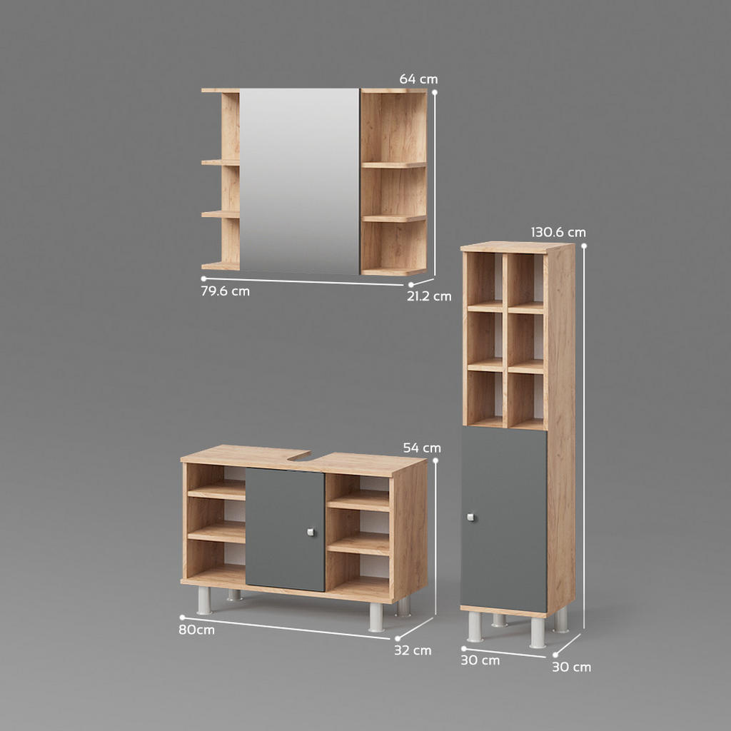 Thumbnail - Livinity® Badmöbel-Set, Eiche, Braun, Holzwerkstoff, 20 Fächer, Rechteckig, 80x54x32 cm, Badezimmer, Badmöbelsets & Badm...