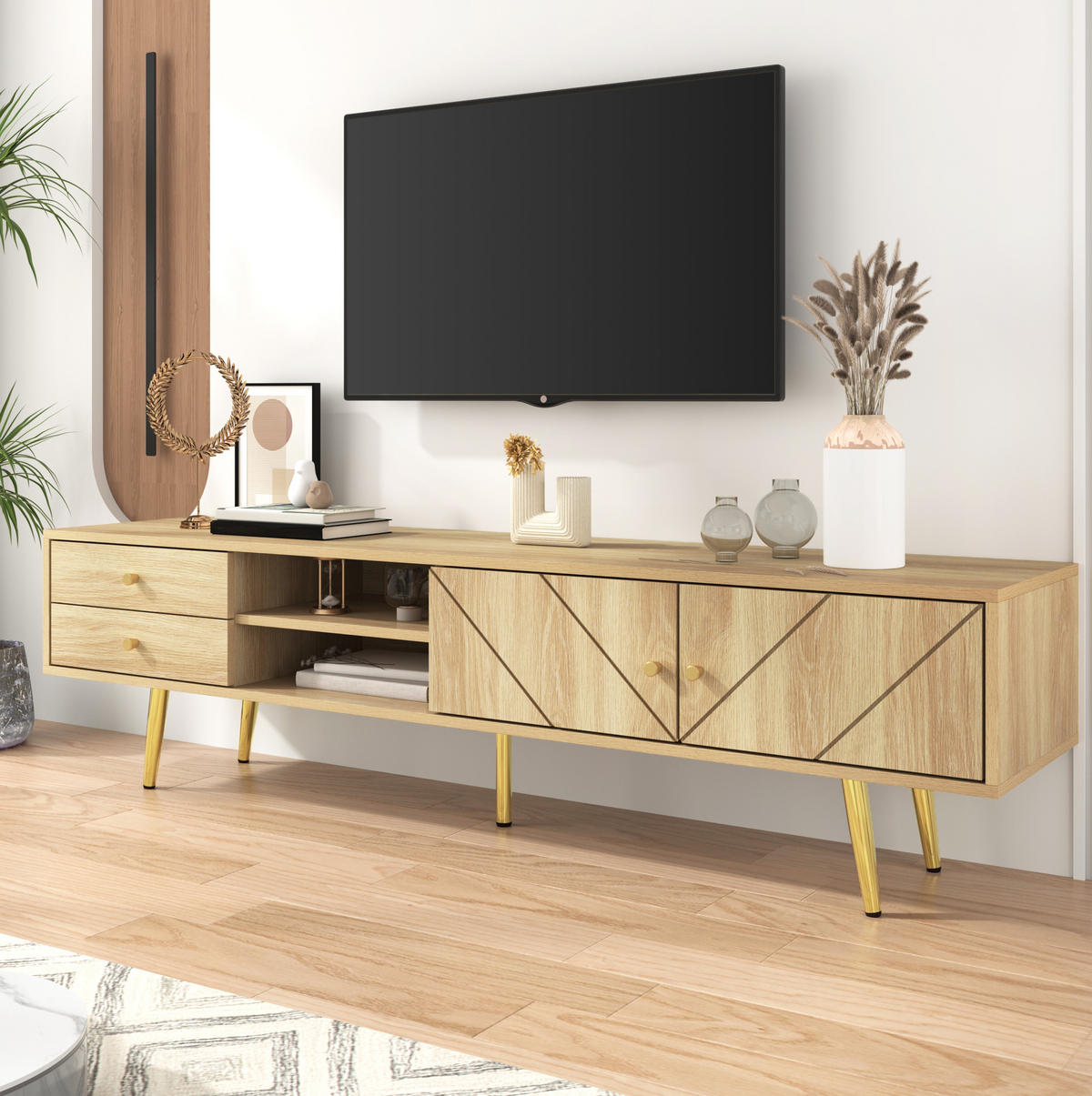 TV ormarić 160/36/42 cm boje drveta od MDF-a i iverice s 2 ladice i vratima s reljefnim uzorkom - smeđa, drvni materijal (160/42/36cm) - OKWISH