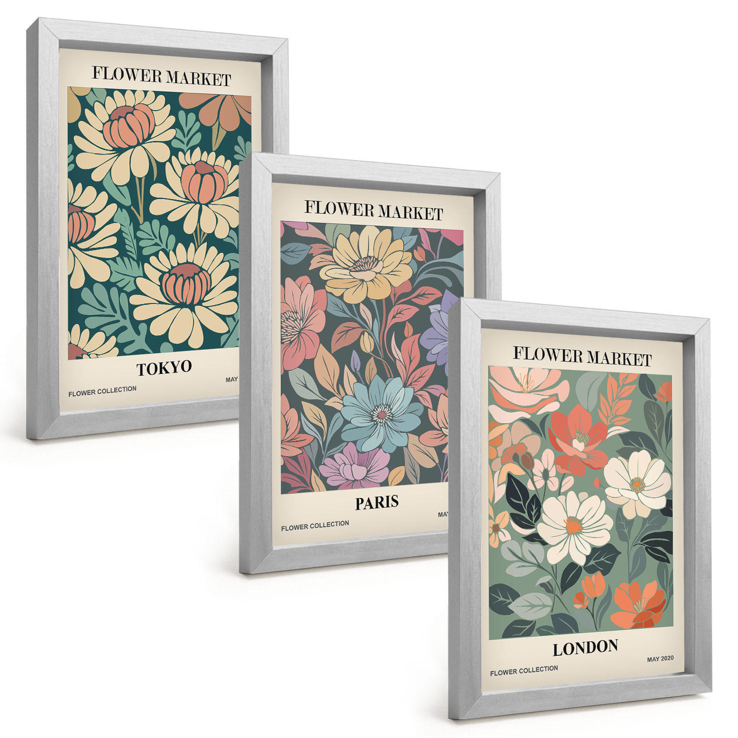 BILDER SET 3er Set - 20x30 cm Silberner Rahmen - Blumenposter Tokio Paris London - Silberfarben, Kunststoff (20/30cm) - TULUP
