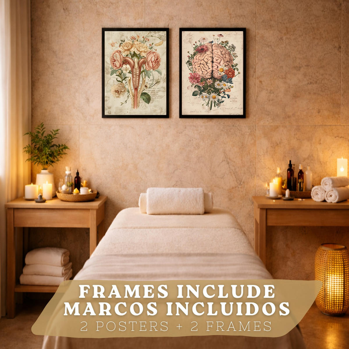 POSTER Set aus 2 Weibliche Anatomie Drucke und Wandbilder mit Gehirn und Gebärmutter Botanischer Retro Vintage Floraler Stil Größe Schwarzer Rahmen A4 - Schwarz, Papier (21/29.7/3cm) - Nacnic