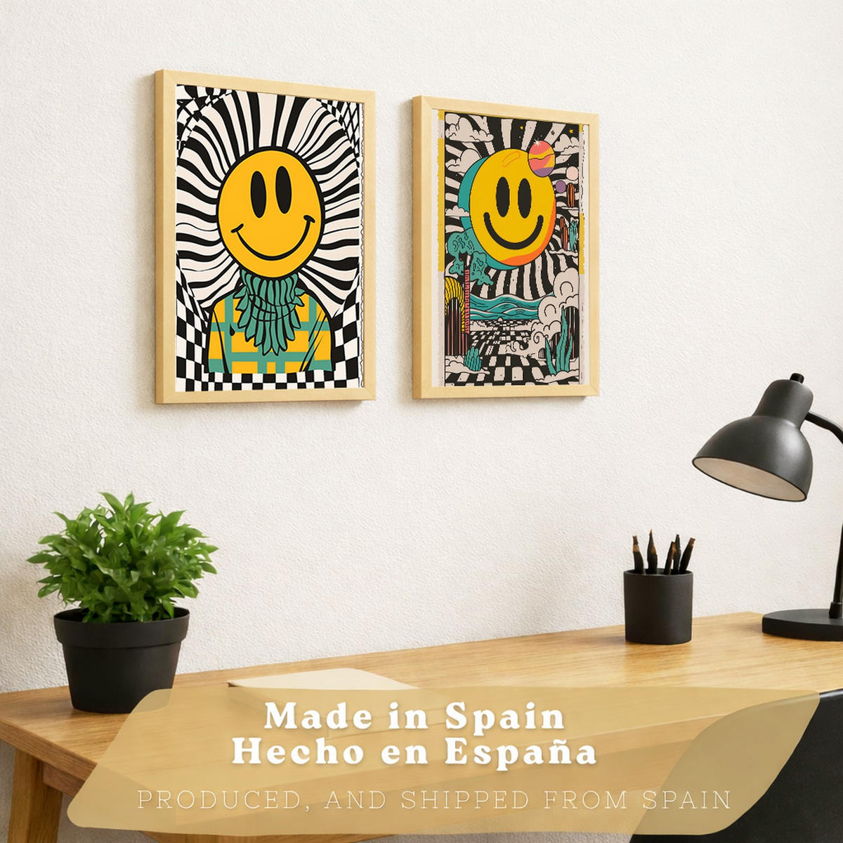 PLAKAT Sada 2 Emoji A4 Lehký dřevěný rám - béžová, papír (29.7/1/21cm) - Nacnic