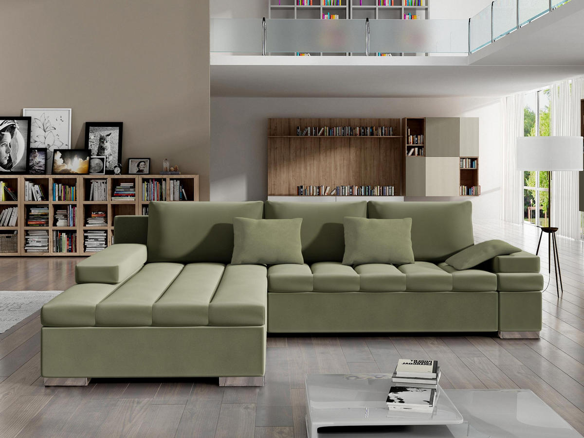 ECKSOFA Bangkok, Seite: Links - Silberfarben/Hellgrün, Holz/Textil (310/175cm) - MIRJAN24