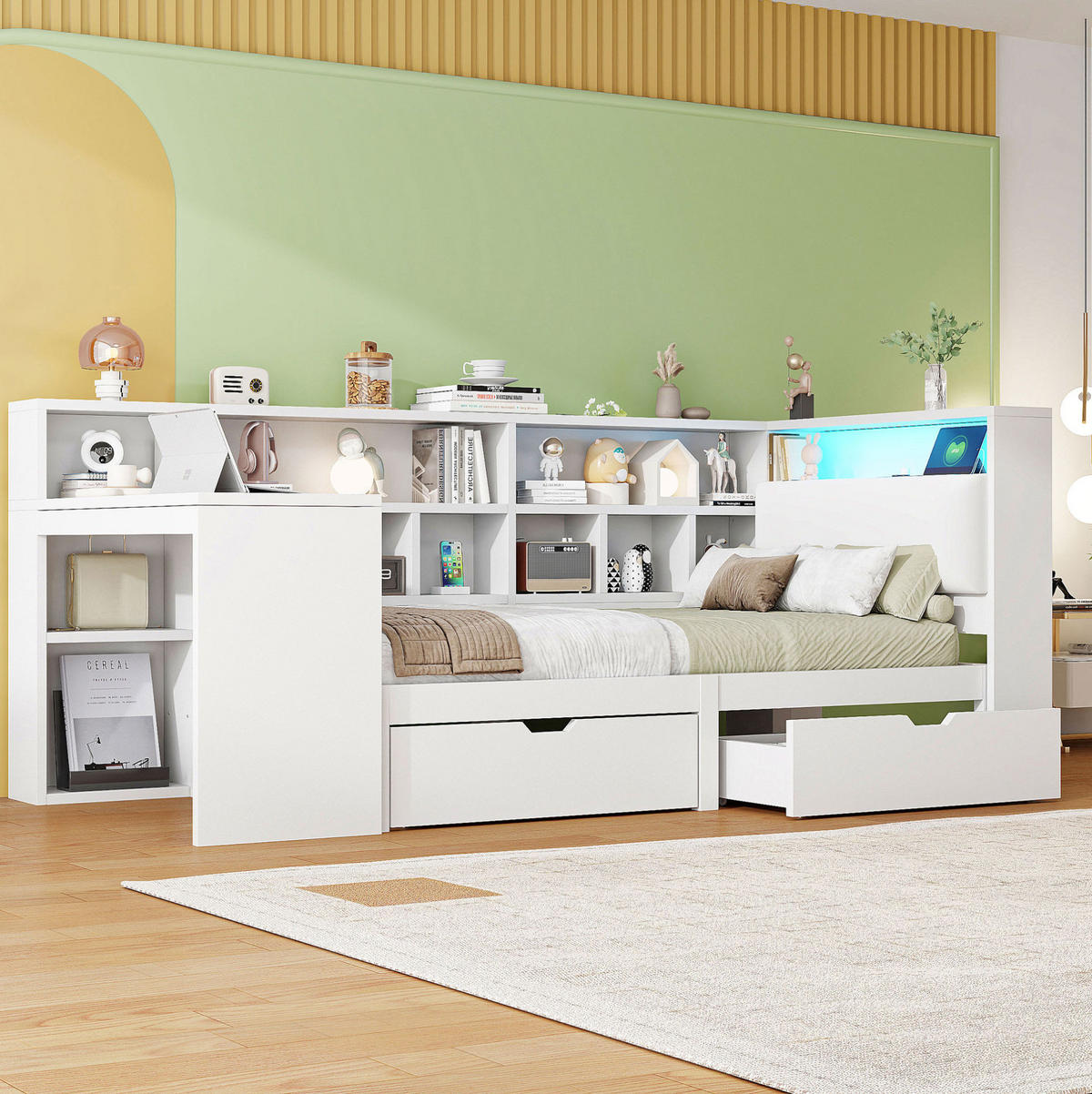 BETT aus MDF und Sperrholz 90x200 cm Weiß mit Schreibtisch, Bücherregal, LED und USB-Ladestation - Weiß, Holzwerkstoff (90/200cm) - Modfu
