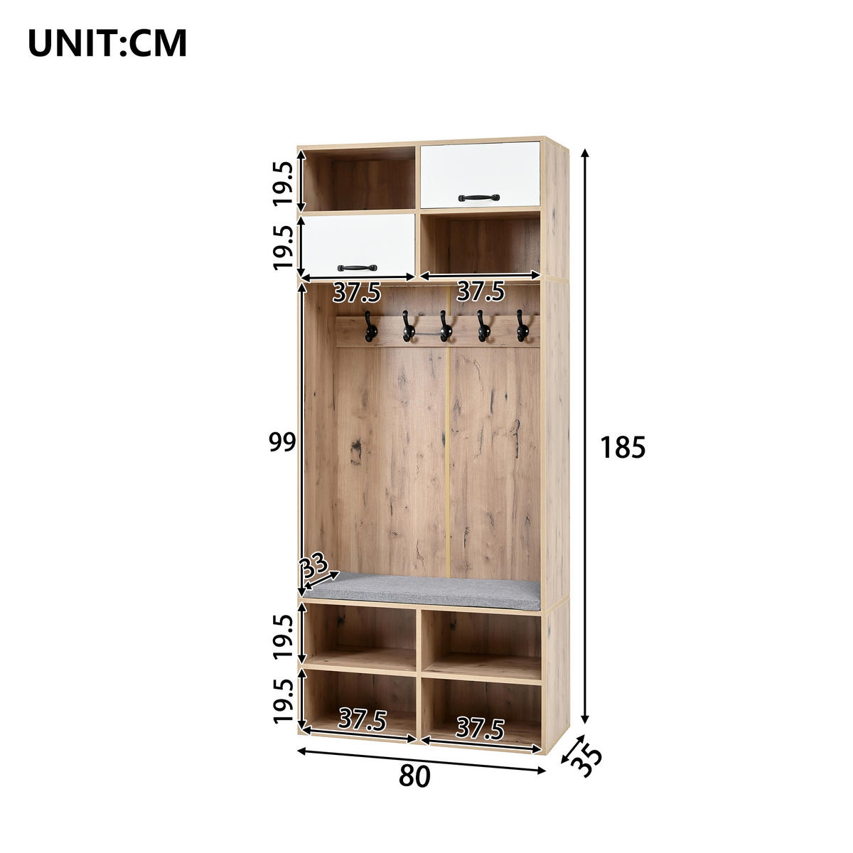 GARDEROBE in Naturfarben und Weiß Flurgarderobe mit Sitzbank und Haken für Flur, B80/T35/H185cm - Naturfarben/Weiß, Holzwerkstoff/Metall (80/185/35cm) - STILVORA