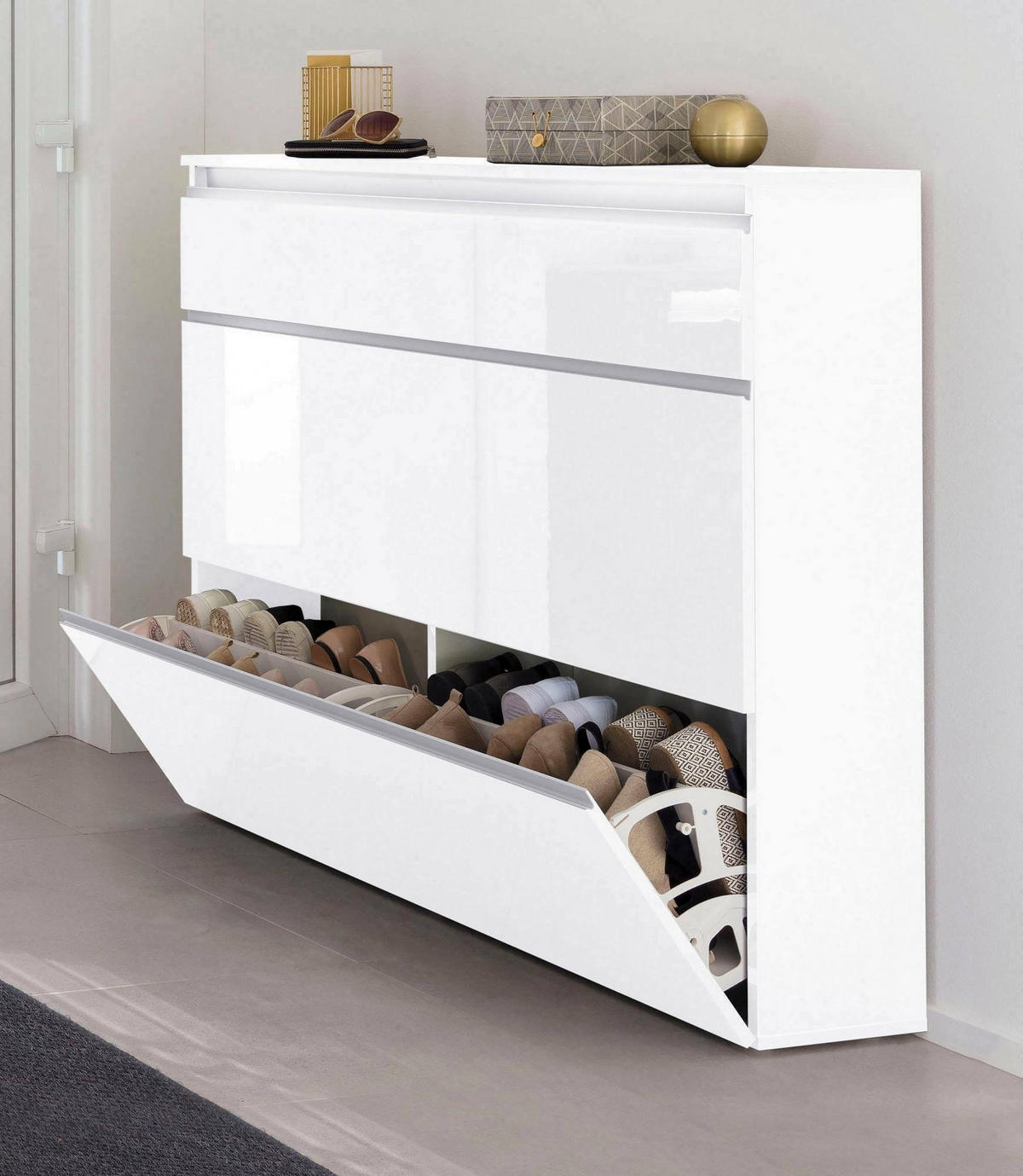 SCHUHSCHRANK Glänzendes Weiß 27/120/108 cm - Weiß, Holzwerkstoff (120/108/27cm) - DMORA