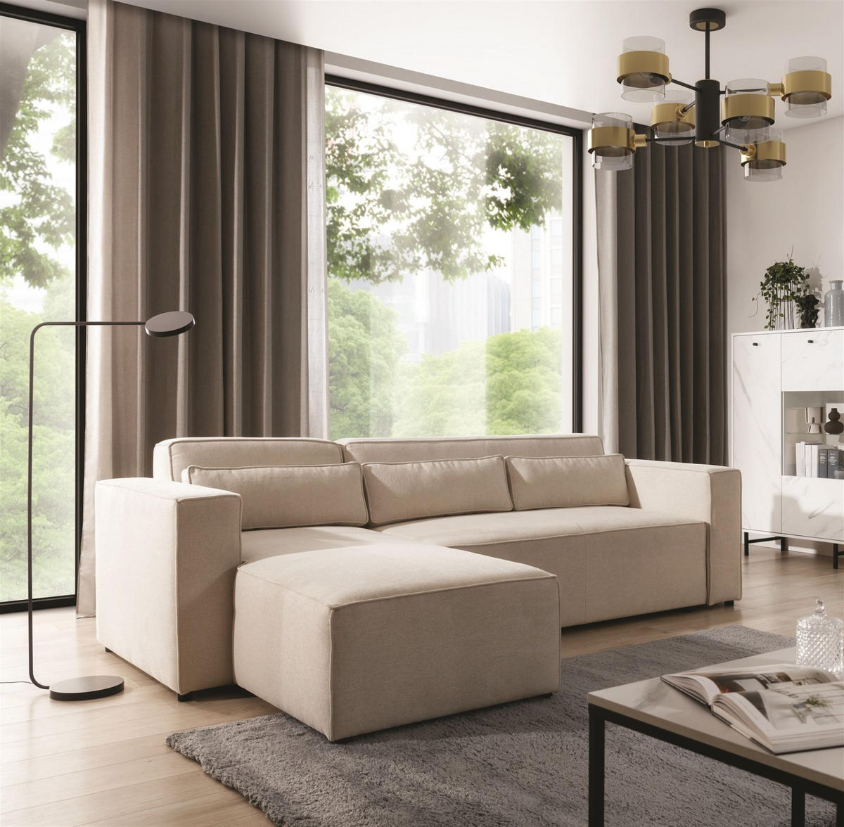 ECKSOFA Schlafsofa Waldo In Stoff Poso - Greige, Holzwerkstoff/Textil (260/173cm) - Fun Möbel
