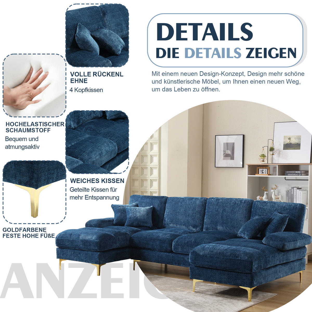 U-FORM Wohnlandschaft Chenille mit 2 Liegeflächen 272/136/88 cm Blau - Blau, Textil/Metall (136/88/272cm) - Redom