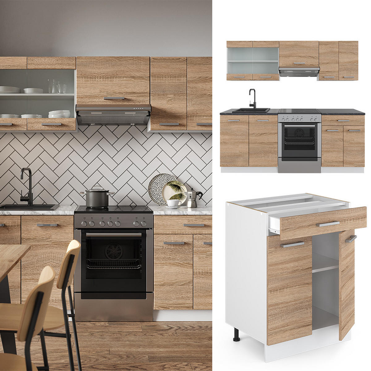 KÜCHENZEILE R-Line Sonoma/Weiß 200 cm ohne AP - Weiß/Sonoma Eiche, Holzwerkstoff (200/81.6/60cm) - Vicco