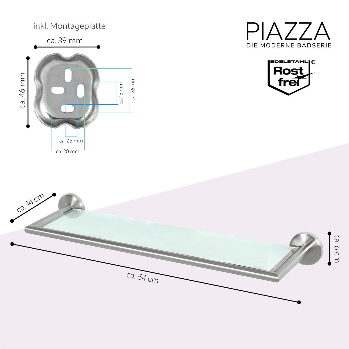 GLASABLAGE PIAZZA inkl.Klebematerial, Edelstahl, matt - Edelstahlfarben, Glas (54/6/14cm) - bremermann