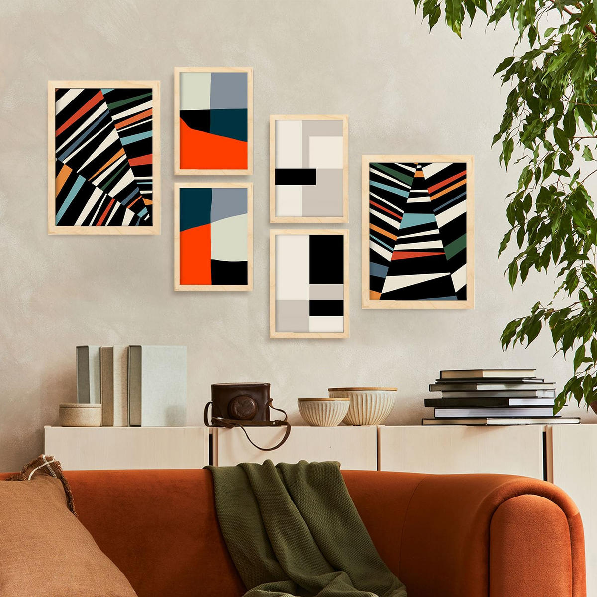 POSTER Set Mit 6 Pastiche Kunst In Form Abstracts Ästhetische Dekorative Gemälde Für Ihr Wohnzimmer Zuhause A3 & A4 Rahmen Aus Hellem Holz - Beige, Papier (29/3cm) - Nacnic