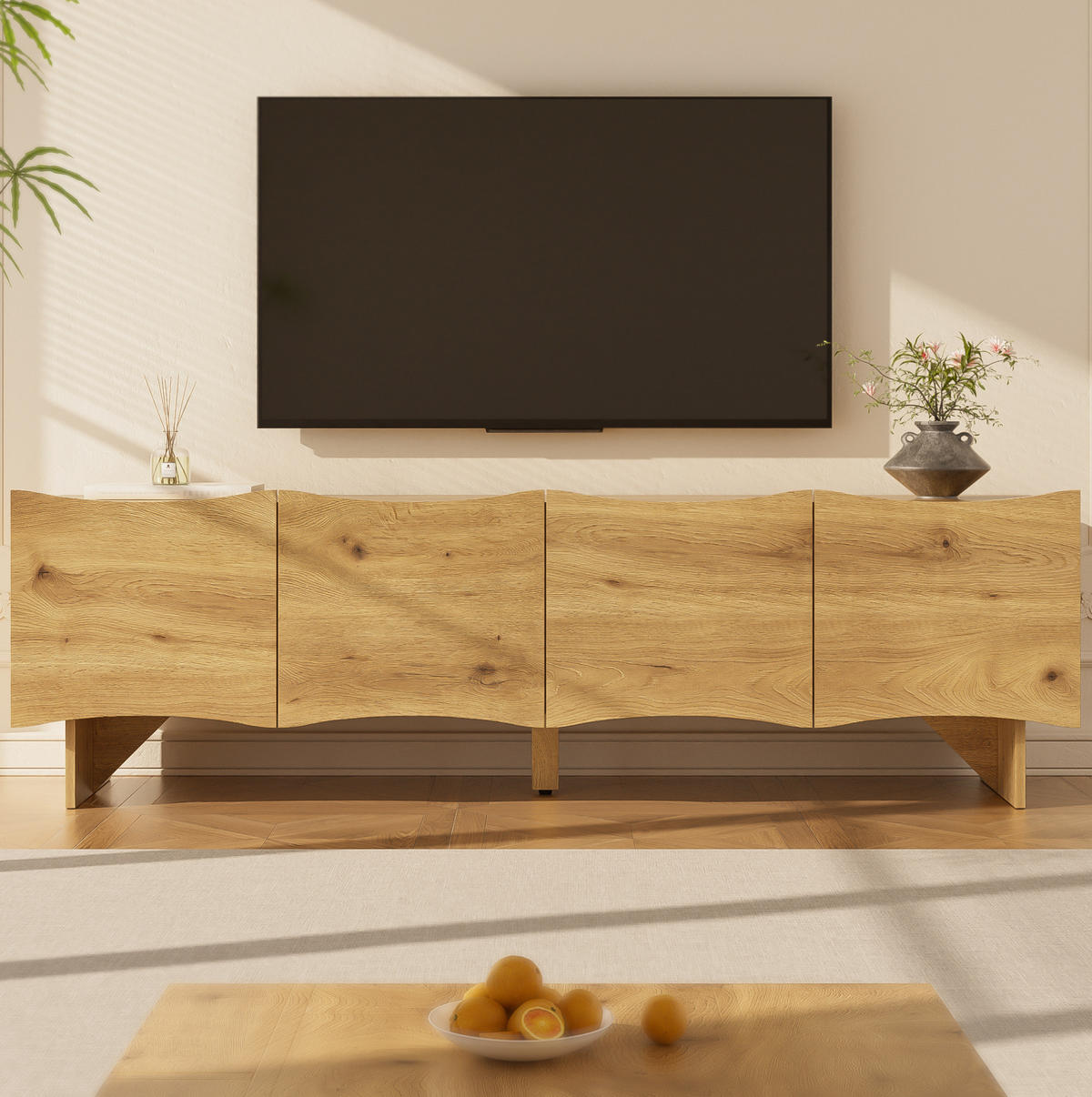 TV-LOWBOARD 155/36/47 cm mit 4 Türen und Kabeldurchlass in Holzoptik - Eichefarben, Holzwerkstoff (155/47/36cm) - BEAOK