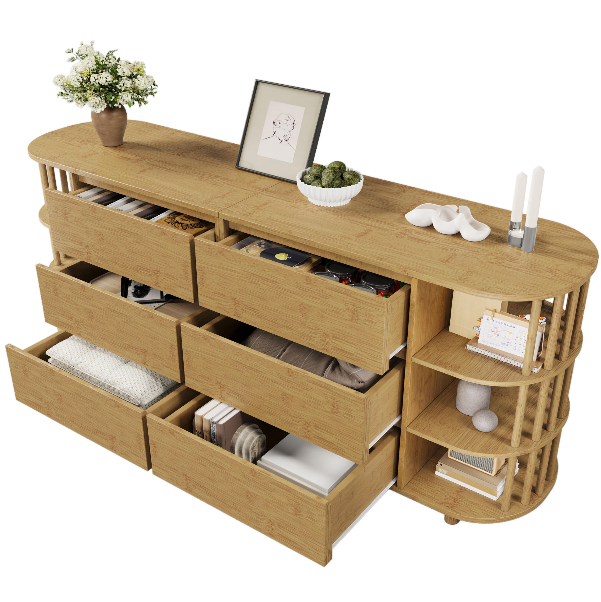 SIDEBOARD 160/40/75 cm Eiche aus MDF und Bambus mit 6 Schubladen - Naturfarben, Holzwerkstoff (40/75/160cm) - OKMYHOME