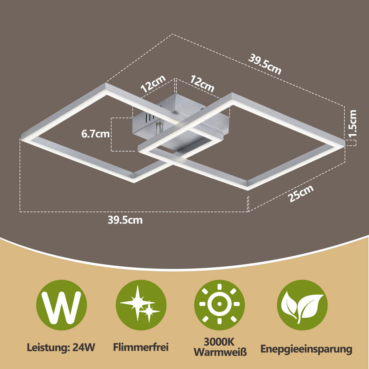 LED DECKENLEUCHTE Felwynne 39.5/39.5/6.7 cm - Silberfarben, Kunststoff (39.5/39.5/6.7cm) - ZMH