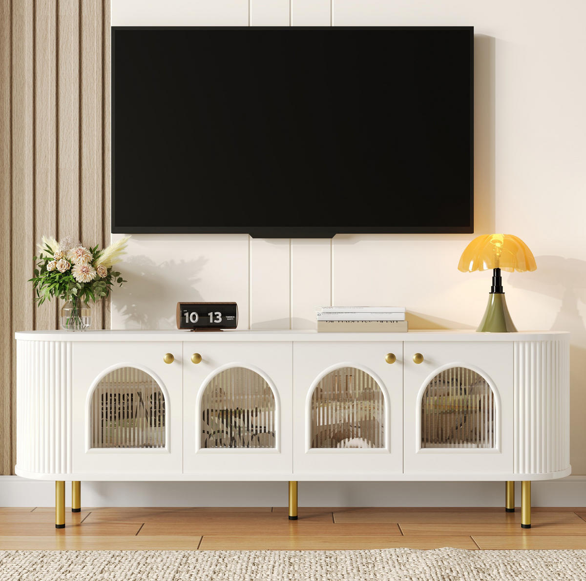 LOWBOARD 170/35/55 cm Weiß/Gold aus MDF mit 4 Glastüren - Weiß, Holzwerkstoff (35/55/170cm) - OKMYHOME