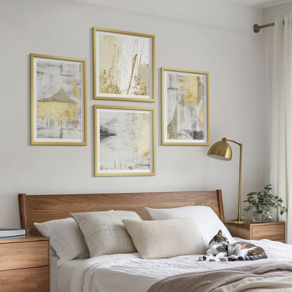 BILDER SET 4er Set - 50x50 cm & 40x60 cm Goldrahmen - Abstrakte minimalistische Muster - Goldfarben, Kunststoff (50/50cm) - TULUP