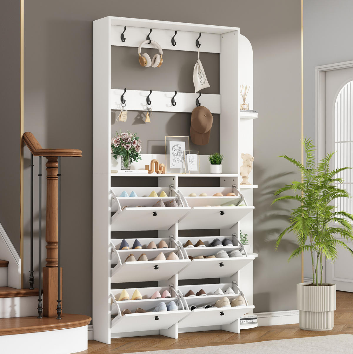 GARDEROBENSCHRANK 120/24/200 cm aus Spanplatte mit 6 Klappfächern und 8 Haken Weiß - Weiß, Holzwerkstoff (120/200/24cm) - Modenvie