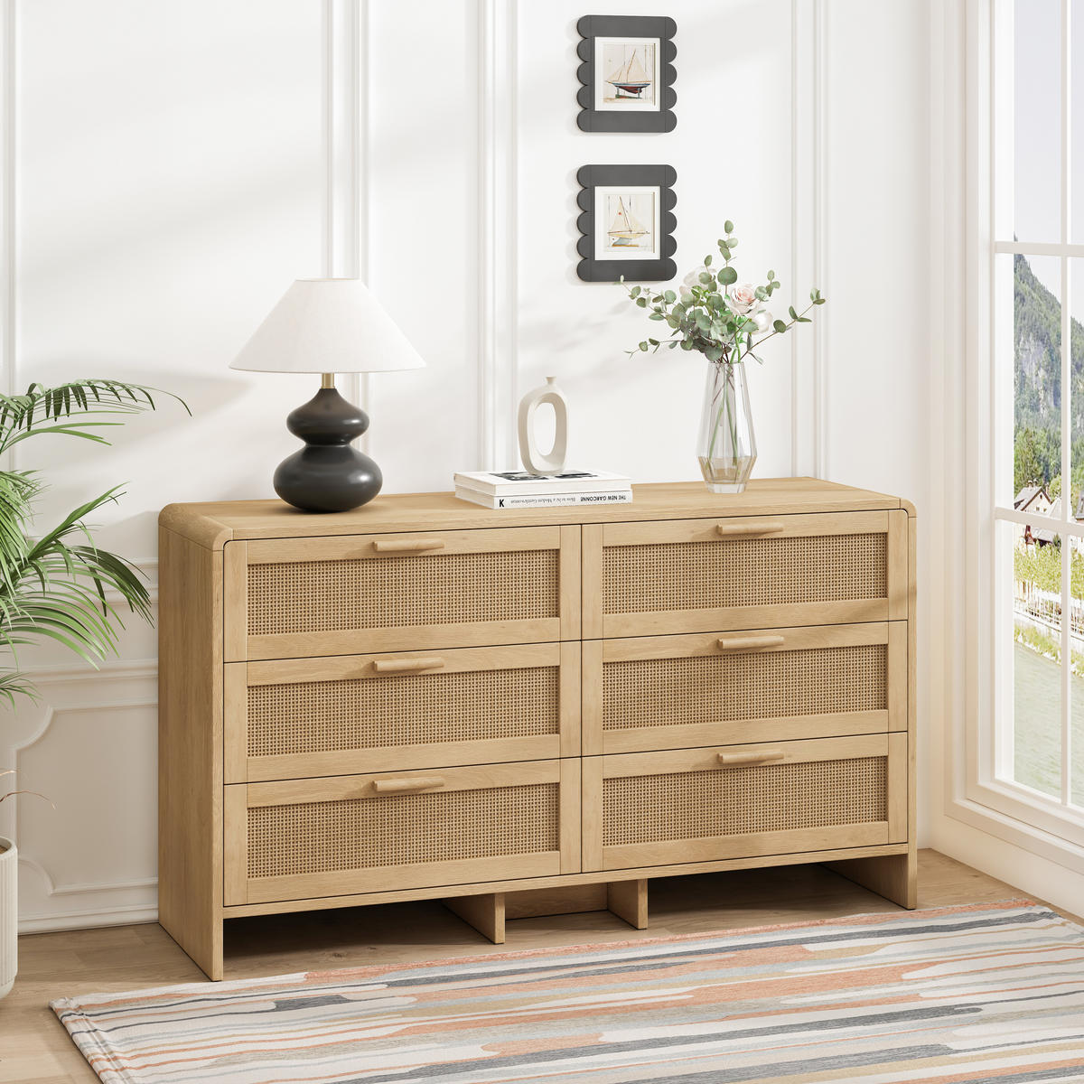 SIDEBOARD 6 Schubladen, Rattanoptik, Bogenform, Naturfarben - Kastanienfarben, Holz (130/74/40cm)