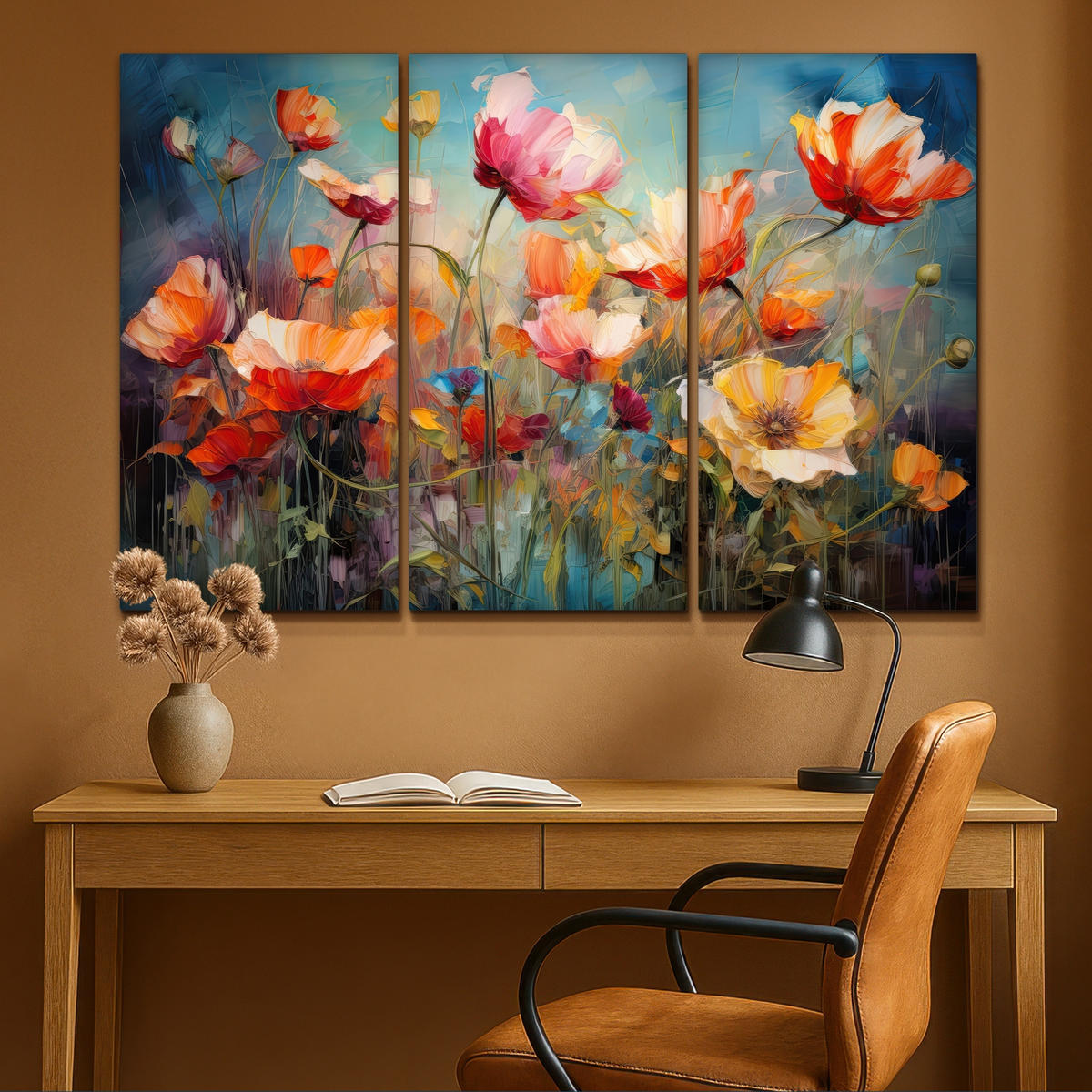 LEINWANDBILD 3er Set Blumen - Bunt - Abstrakt 120x80 cm - Blaugrau, Textil (120/80cm) - MuchoWow