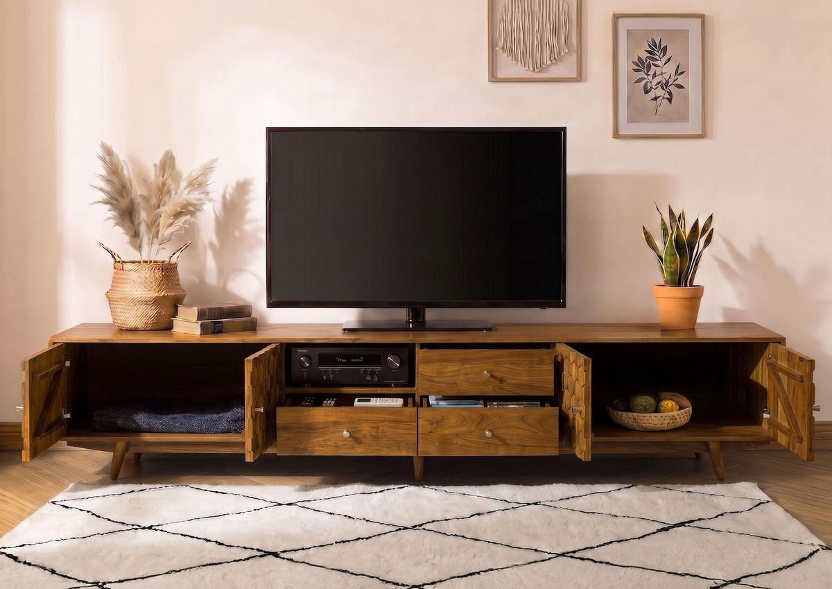 TV-BOARD Akazie 260x40x49 natur lackiert MOSAYK #118 - Naturfarben, Holz (260/49/40cm) - Massivmoebel24