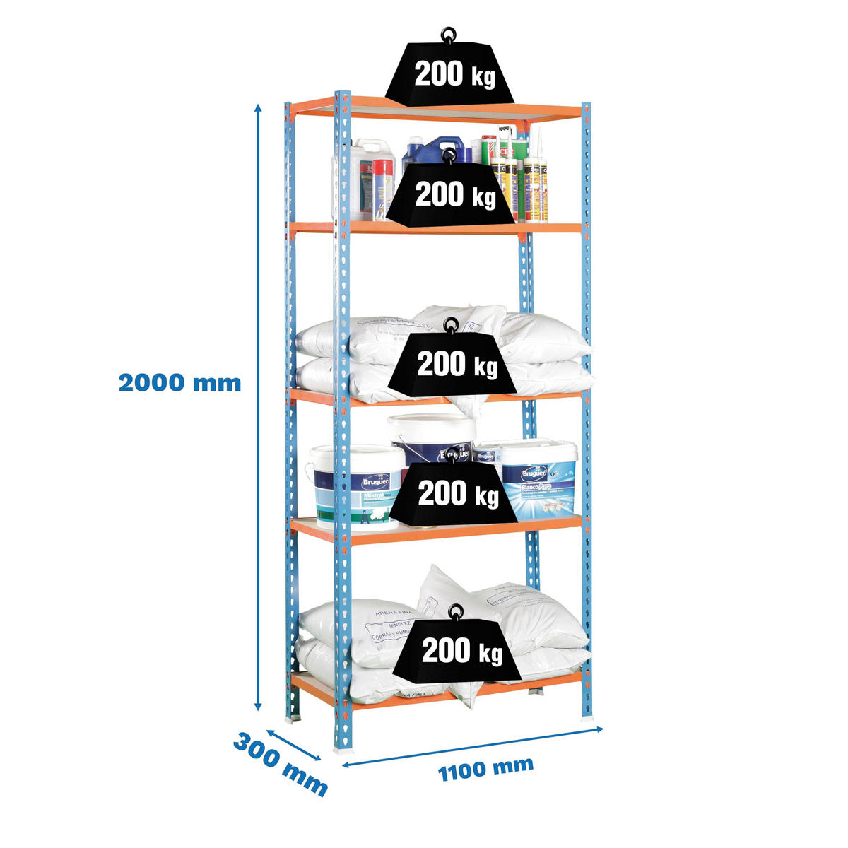 SCHWERLASTREGAL Big Muli HxBxT 200 x 110 x 30 cm 5 Fachböden Fachlast 200 kg Blau-Orange - Gelb, Metall (110/200/30cm) - PROREGAL