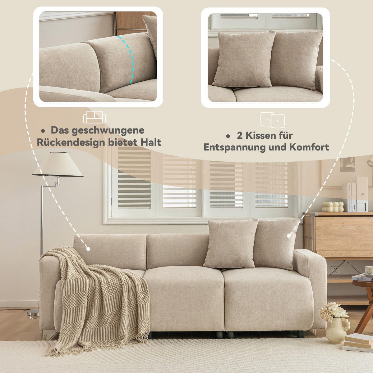 SOFA mit Chenille-Bezug Beige 67x211x71 cm, 3-Sitzer mit 2 Kissen - Beige, Textil (211/71/67cm) - IVMEU