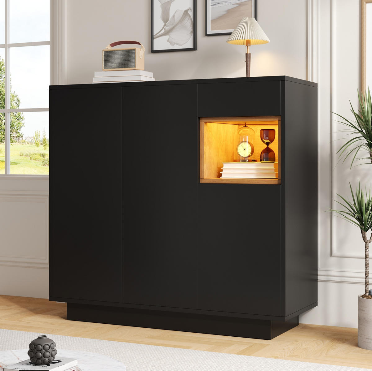 SCHUHSCHRANK 105/39,5/100,5 cm in Schwarz/Natur mit LED-Beleuchtung und Schublade - Schwarz, Holzwerkstoff (105/100/39cm) - Flora Grace