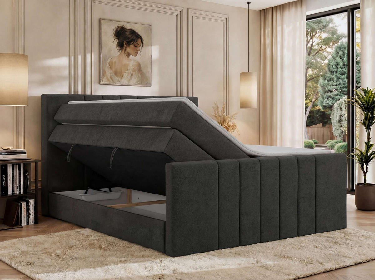 BOXSPRINGBETT INERO DUO KING 180/200 - Dunkelgrau Stukture - Topper Visco - H3 - Dunkelgrau/Schwarz, Kunststoff/Textil (180/200cm) - MKS
