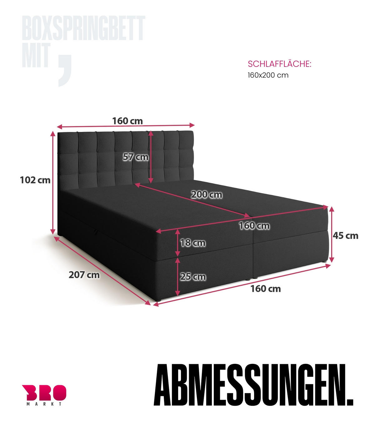 BOXBETT Detroit mit Topper 160/200 Anthrazit - Anthrazit, Holzwerkstoff/Textil (160/200cm) - Bromarkt