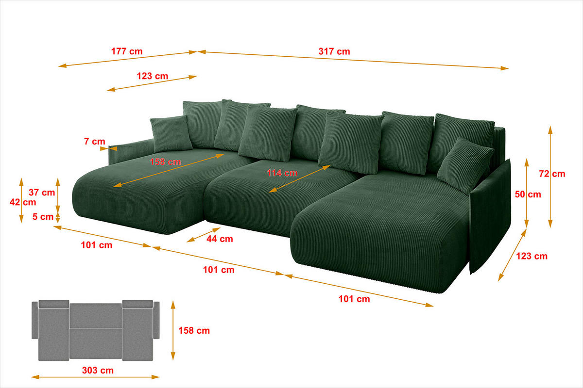 WOHNLANDSCHAFT mit Schlaffunktion und Bettkasten ONESK-U-v1 317x177x72 Grün Cord - Grün, Holzwerkstoff/Kunststoff (317/72/177cm) - ALTDECOR