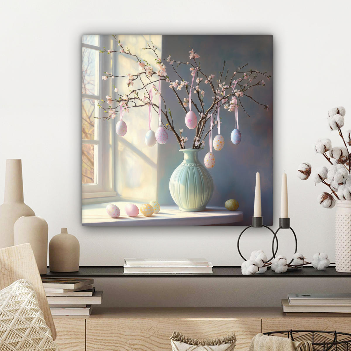 LEINWANDBILD Stillleben - Vase - Osterzweig Wandbild Wohnzimmer 50x50 cm - Hellblau, Textil (50/50cm) - MuchoWow