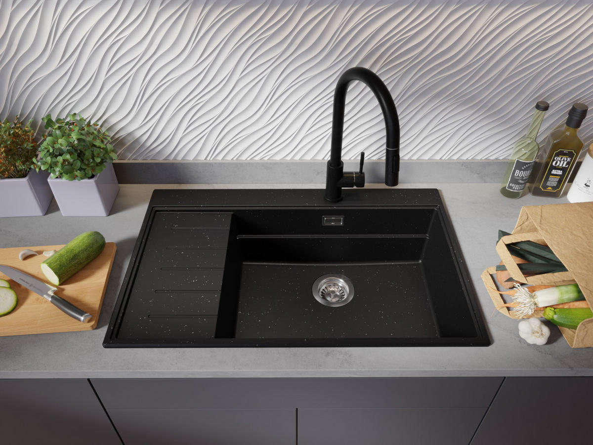 SPÜLBECKEN Sydney, 2-er set Schwarz Metallic 78/50 cm 1 Becken + Ablauf-Set + Küchenzubehörset ab 60er Unterschrank - Chromfarben/Schwarz Hochglanz, Kunststoff (78/20/50cm) - Primagran