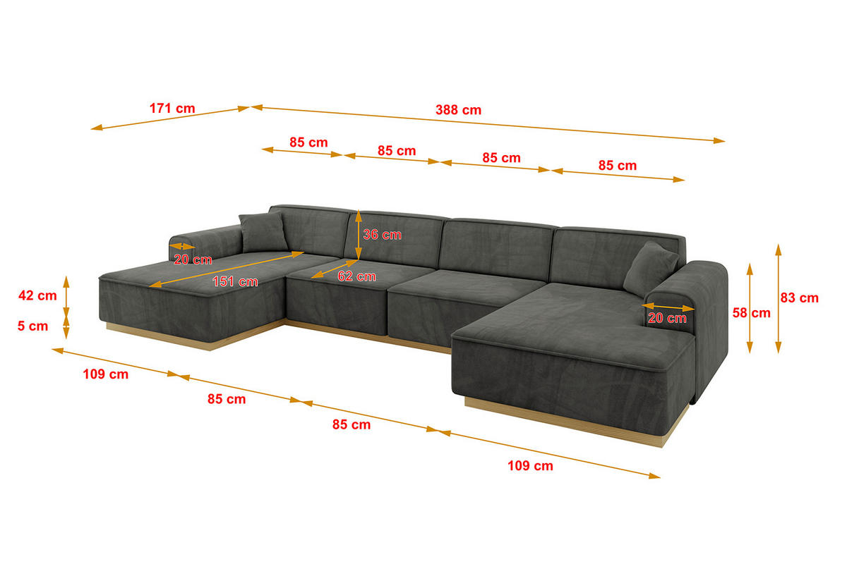 WOHNLANDSCHAFT IREA-U2-v2 - 388x171x83 cm Ecru - Anthrazit, Holzwerkstoff/Textil (388/83/171cm) - ALTDECOR