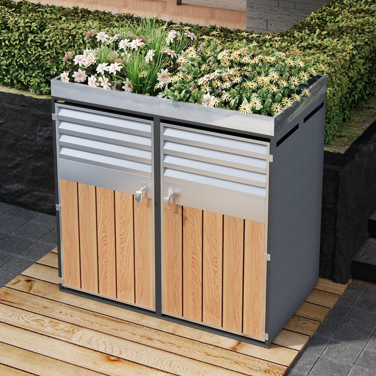 MÜLLTONNENBOX aus Stahl in Grau Holzoptik mit Pflanzfläche & abschließbar - Grau, Metall (132/124.5/80cm) - Modfu