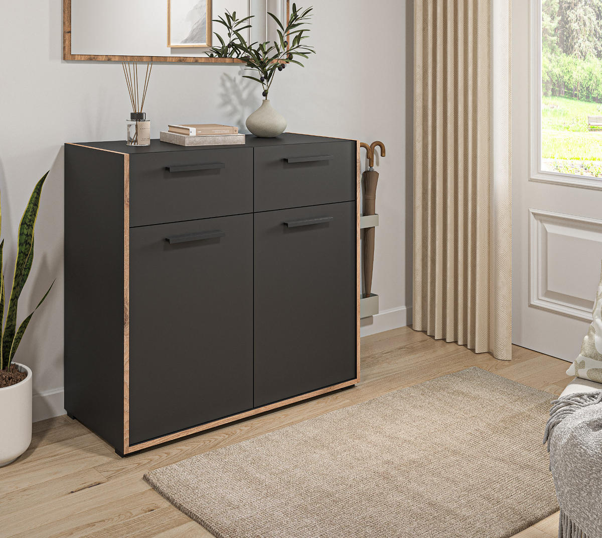 SCHUHSCHRANK grau, Nox Eiche 95 cm, Kommode mit 2 Schubkästen mit Vollauszug - Eichefarben/Schwarz, Holzwerkstoff/Kunststoff (95/86/37cm) - Inn.Furn