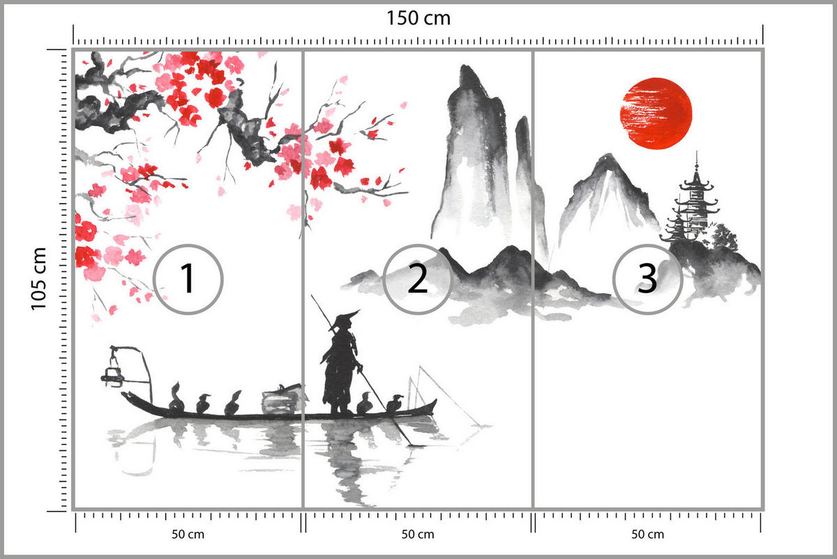 FOTOTAPETE Japanische Landschaft Aquarell 150x105 - Rot/Schwarz, Papier (150/105cm) - Muralo