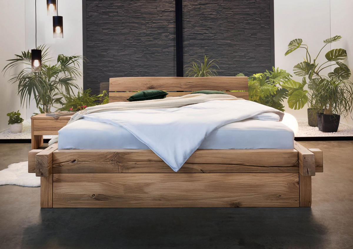 BETT mit Schublade Massivholz Wildeiche 180 x 200 x 85 beige BALKENMÖBEL #201 - Beige, Holz (180/200cm) - Massivmoebel24